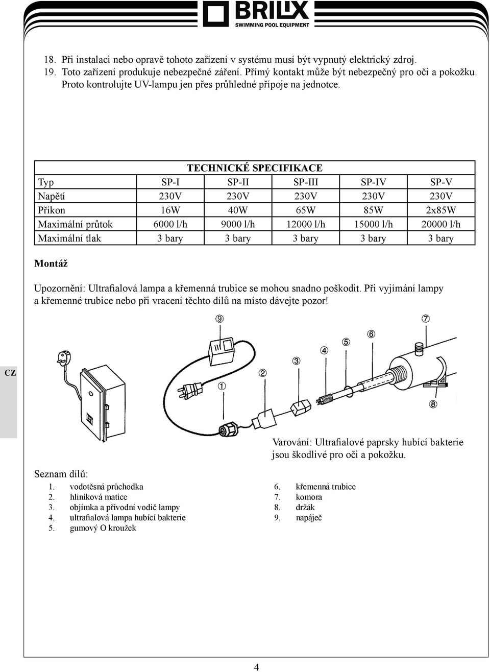 TECHNICKÉ SPECIFIKACE Typ SP-I SP-II SP-III SP-IV SP-V Napětí 230V 230V 230V 230V 230V Příkon 16W 40W 65W 85W 2x85W Maximální průtok 6000 l/h 9000 l/h 12000 l/h 15000 l/h 20000 l/h Maximální tlak 3