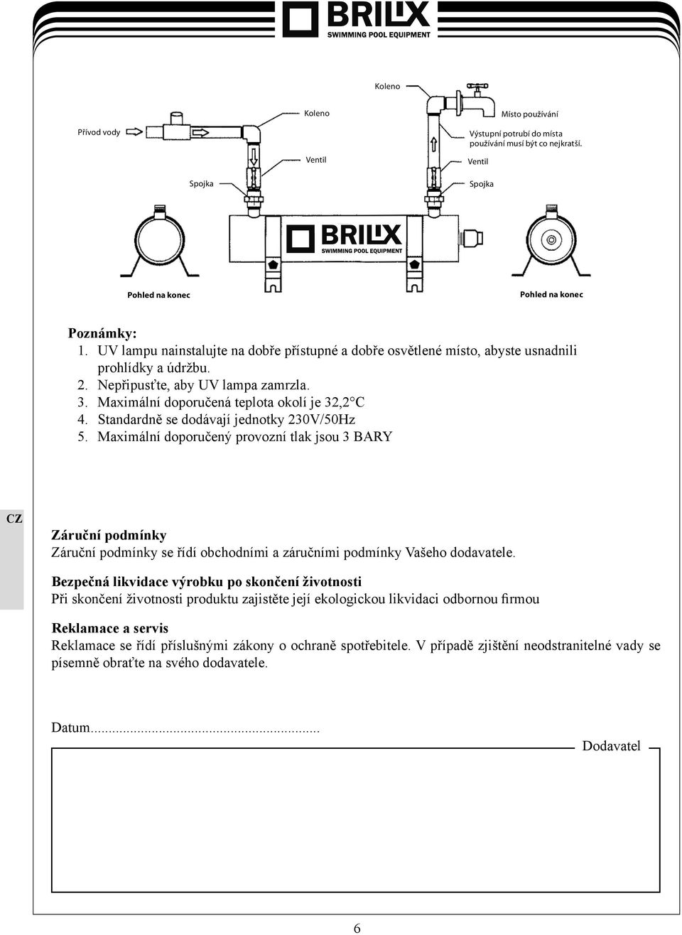 Standardně se dodávají jednotky 230V/50Hz 5. Maximální doporučený provozní tlak jsou 3 BARY Záruční podmínky Záruční podmínky se řídí obchodními a záručními podmínky Vašeho dodavatele.