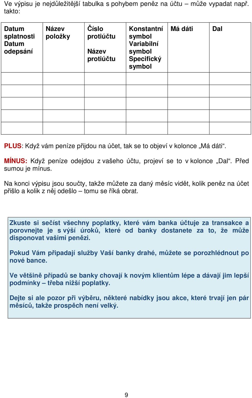 objeví v kolonce Má dáti. MÍNUS: Když peníze odejdou z vašeho účtu, projeví se to v kolonce Dal. Před sumou je mínus.