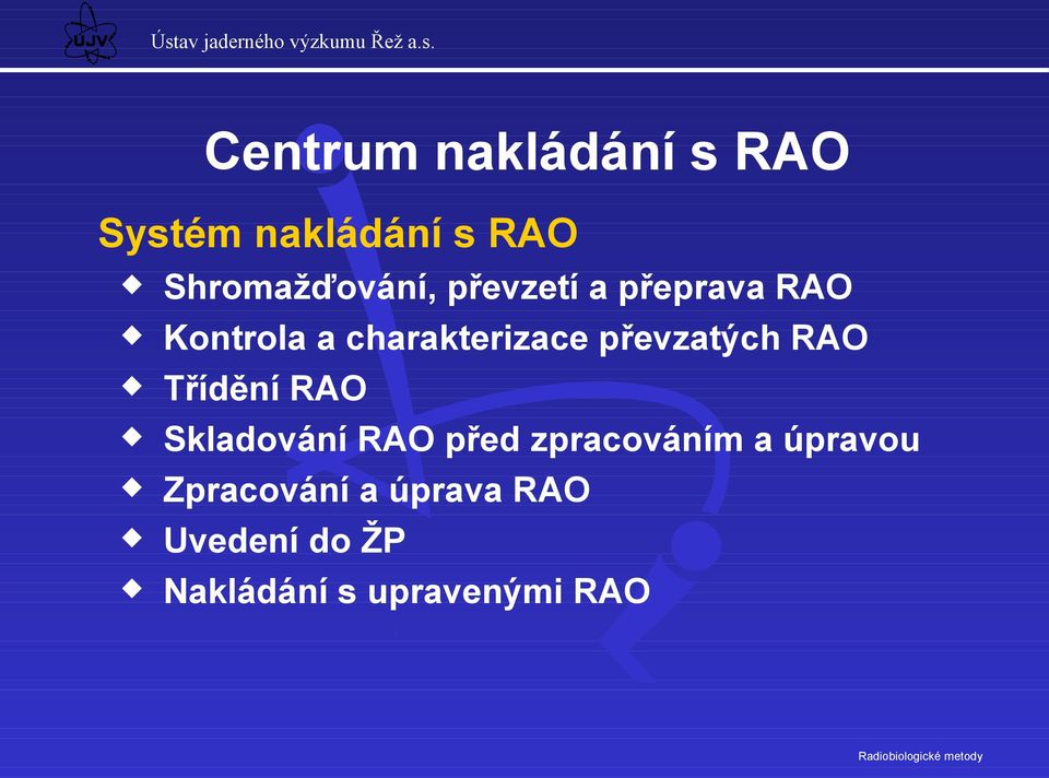RAO Třídění RAO Skladování RAO před zpracováním a úpravou