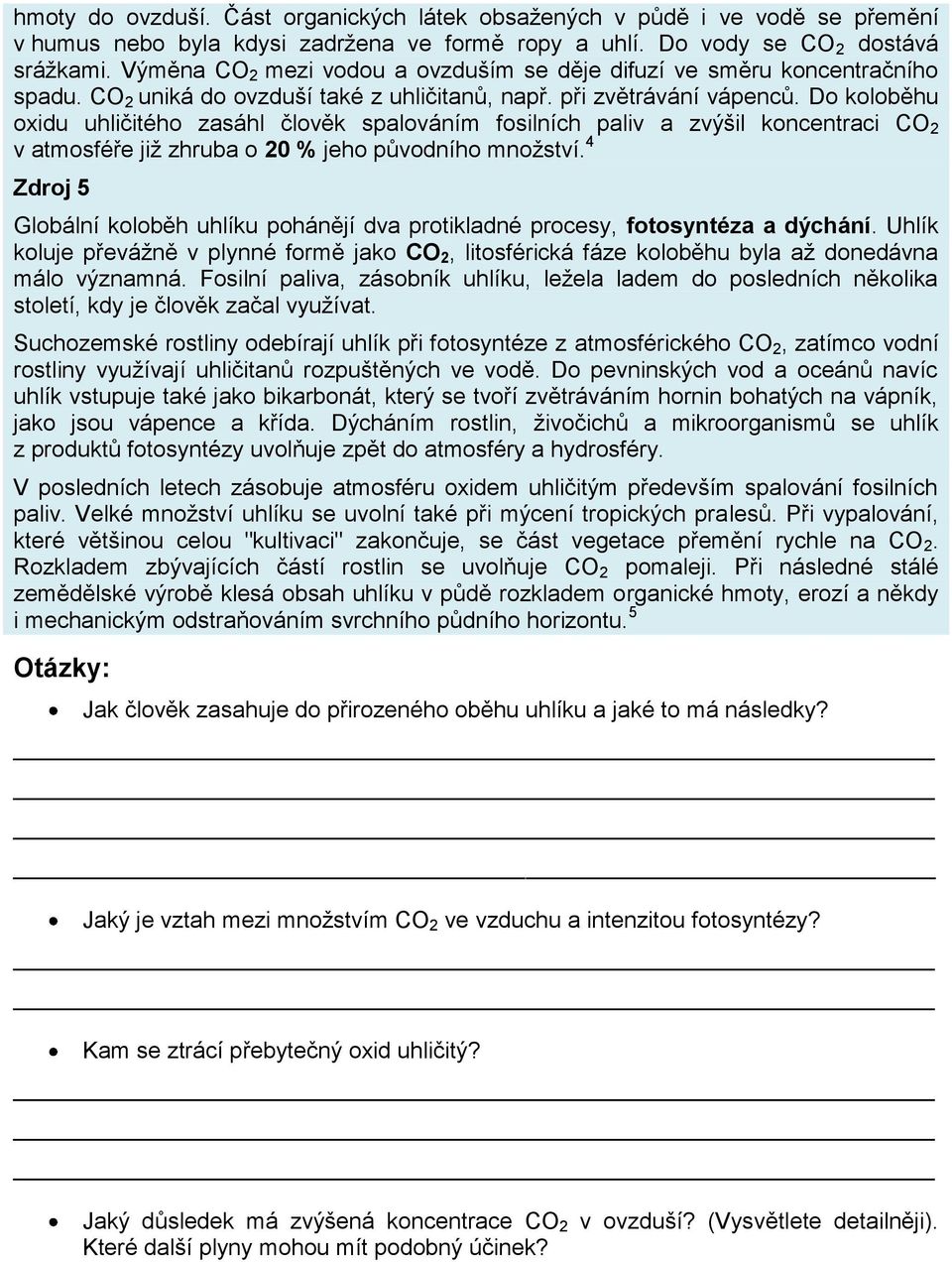 Do koloběhu oxidu uhličitého zasáhl člověk spalováním fosilních paliv a zvýšil koncentraci CO 2 v atmosféře již zhruba o 20 % jeho původního množství.