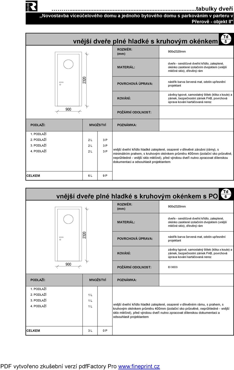 zateplené, osazené v dřevěné zárubni (rámy), s minimálním prahem, s kruhovým okénkem průměru 400mm (izolační sko průsvitné, neprůhledné - vnější sklo mléčné), před výrobou dveří nutno zpracovat