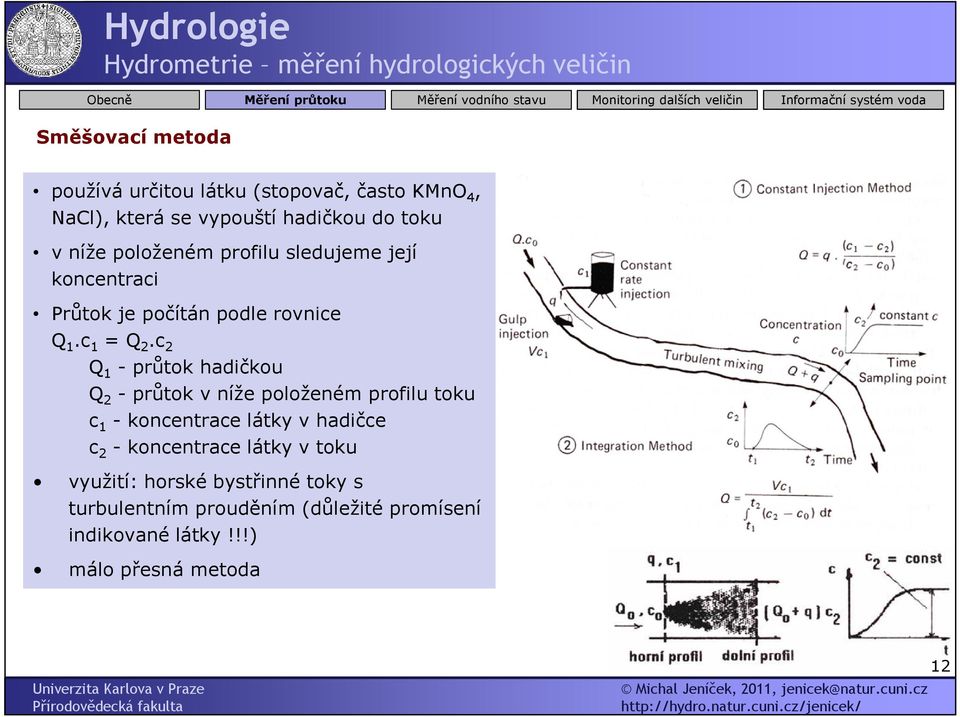 c 2 Q 1 - průtok hadičkou Q 2 - průtok v níže položeném profilu toku c 1 - koncentrace látky v hadičce c 2 -