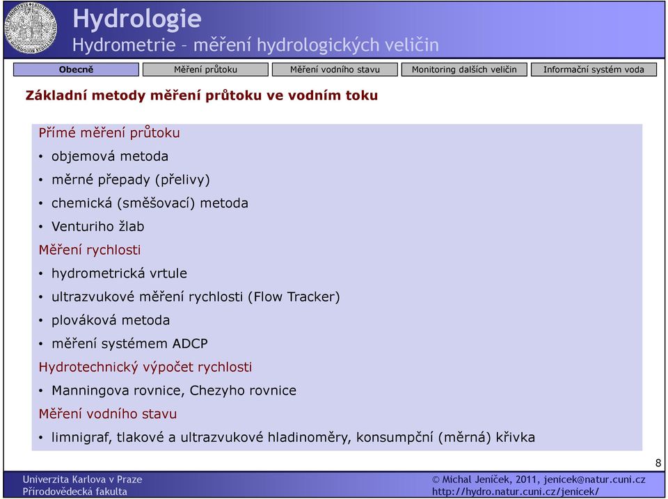 rychlosti (Flow Tracker) plováková metoda měření systémem ADCP Hydrotechnický výpočet rychlosti Manningova