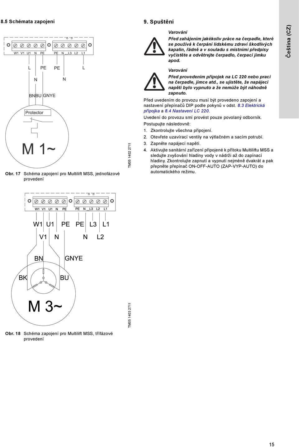 čerpací jímku apod. Čeština (CZ) Obr. 17 Schéma zapojení pro Multilift MSS, jednofázové provedení TM05 1402 2711 Varování Před provedením přípojek na LC 220 nebo prací na čerpadle, jímce atd.