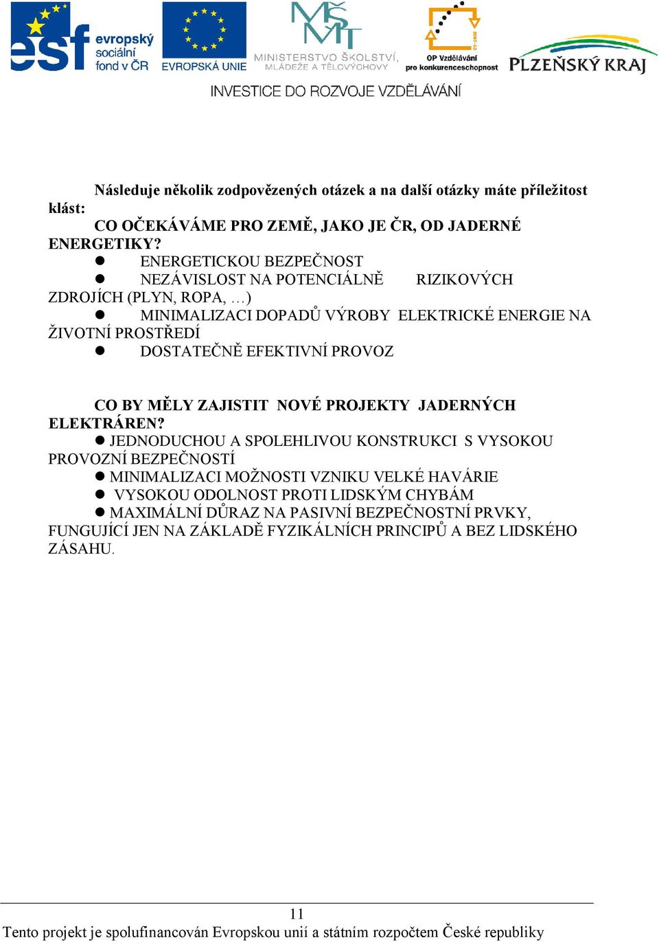 DOSTATEČNĚ EFEKTIVNÍ PROVOZ CO BY MĚLY ZAJISTIT NOVÉ PROJEKTY JADERNÝCH ELEKTRÁREN?