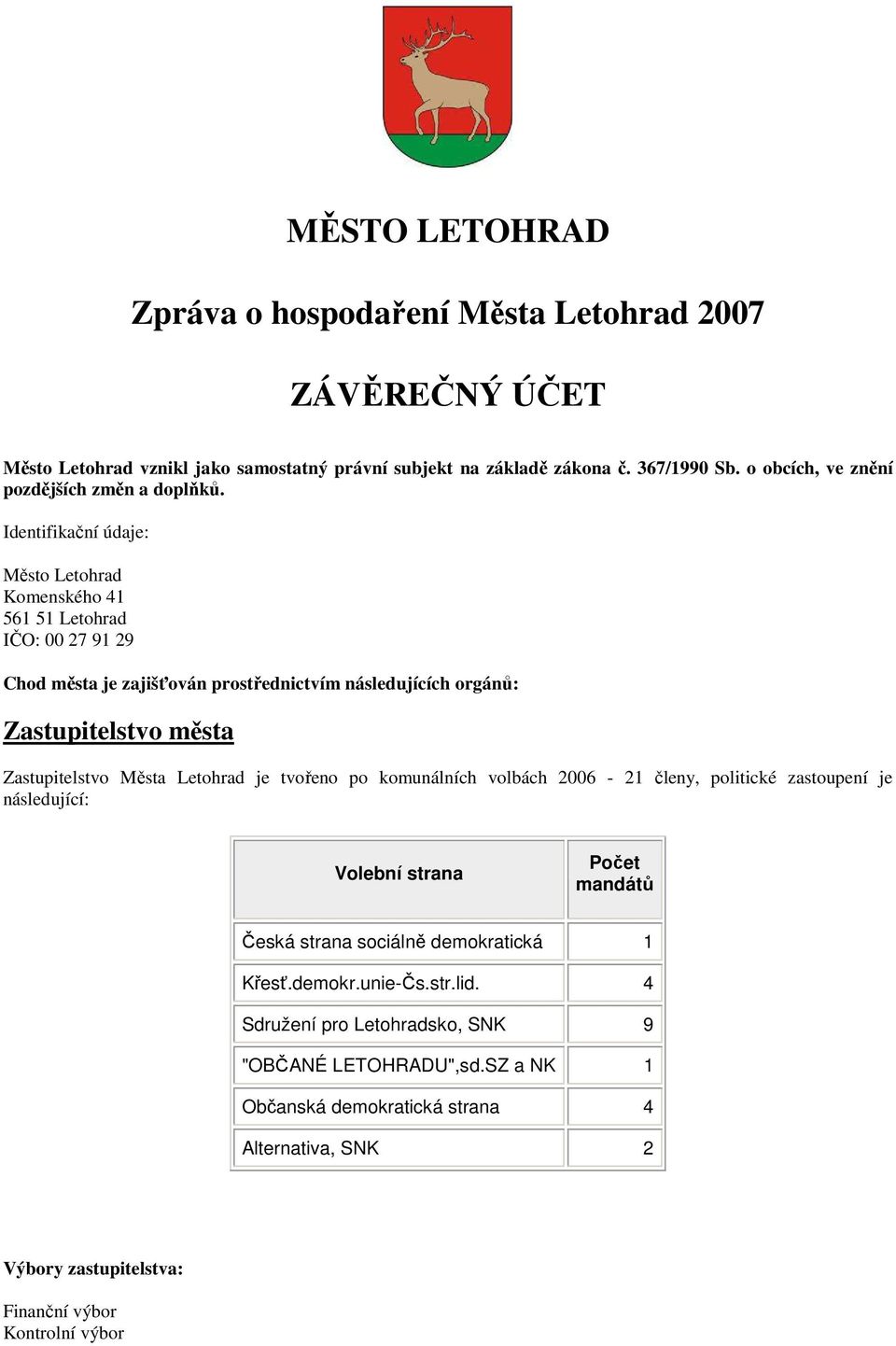 Identifikační údaje: Město Letohrad Komenského 41 561 51 Letohrad IČO: 00 27 91 29 Chod města je zajišťován prostřednictvím následujících orgánů: Zastupitelstvo města Zastupitelstvo Města