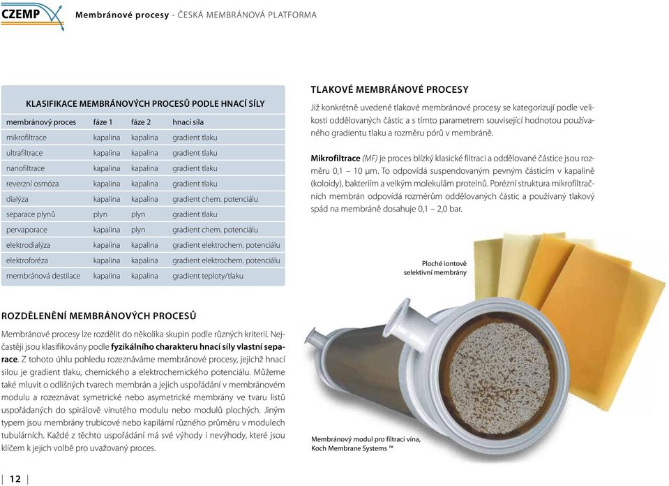 potenciálu separace plynů plyn plyn gradient tlaku pervaporace kapalina plyn gradient chem. potenciálu elektrodialýza kapalina kapalina gradient elektrochem.