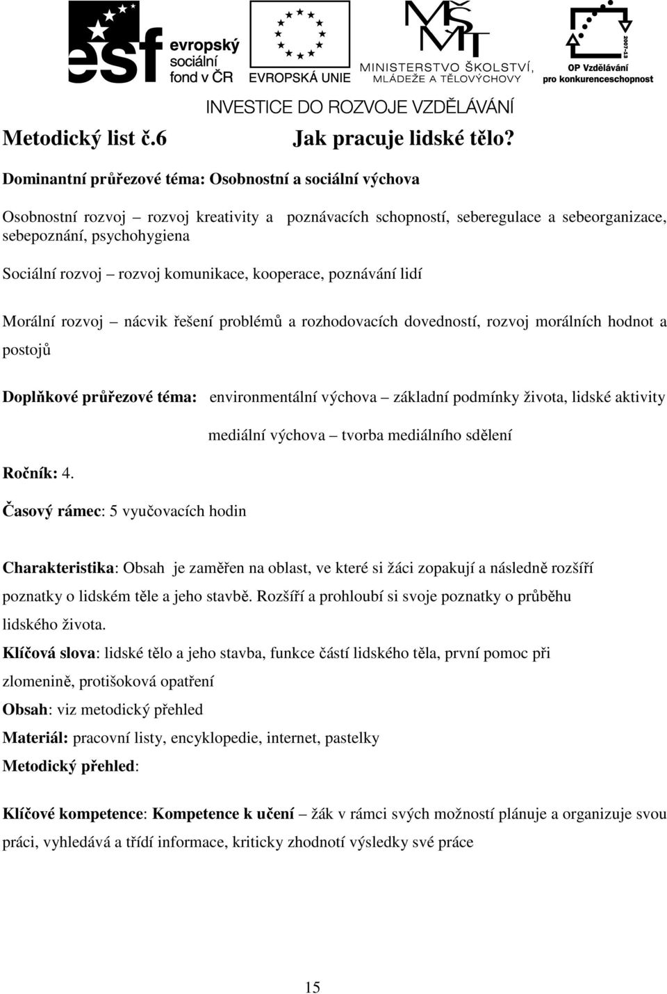 komunikace, kooperace, poznávání lidí Morální rozvoj nácvik řešení problémů a rozhodovacích dovedností, rozvoj morálních hodnot a postojů Doplňkové průřezové téma: environmentální výchova základní