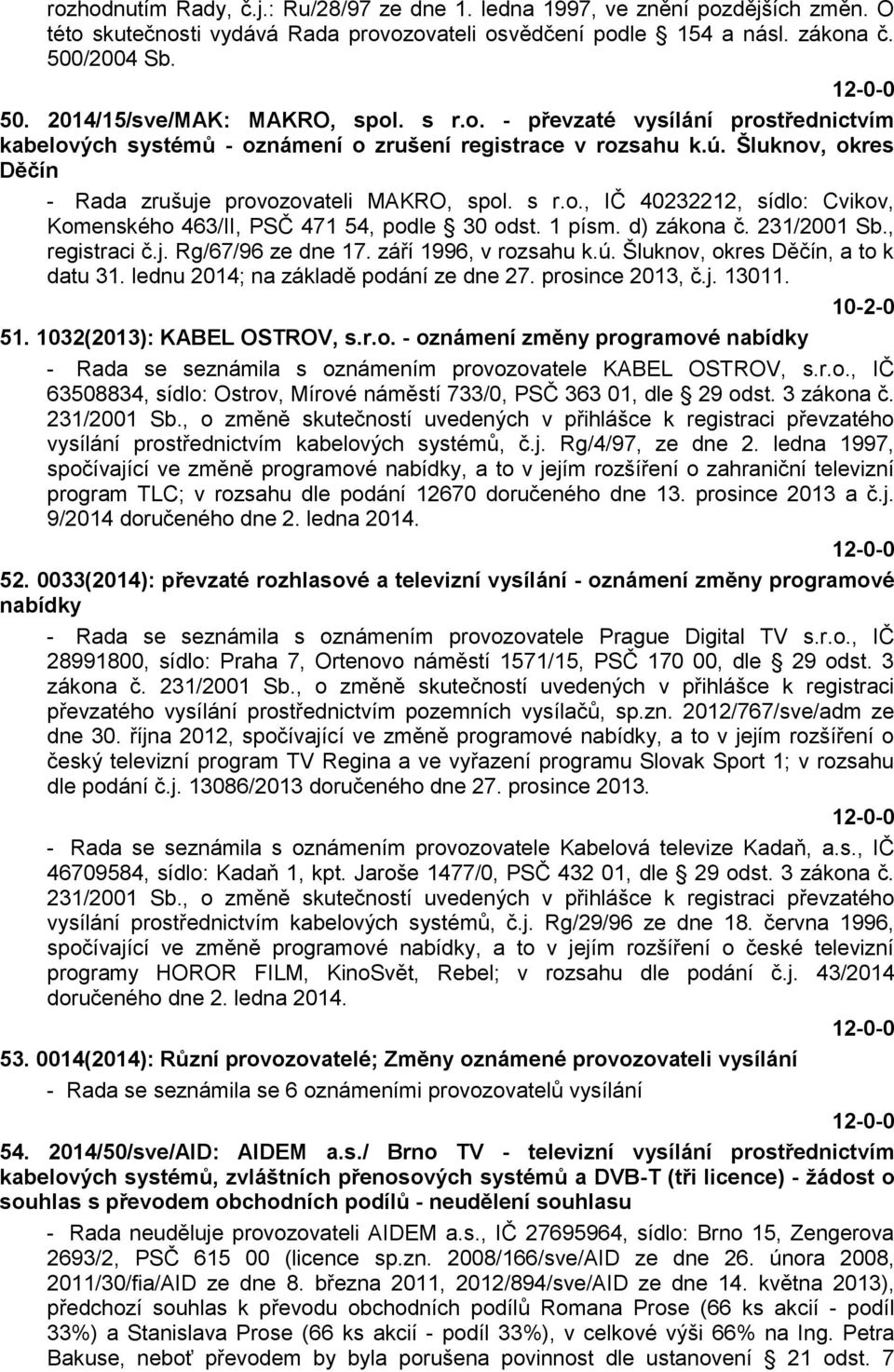 1 písm. d) zákona č. 231/2001 Sb., registraci č.j. Rg/67/96 ze dne 17. září 1996, v rozsahu k.ú. Šluknov, okres Děčín, a to k datu 31. lednu 2014; na základě podání ze dne 27. prosince 2013, č.j. 13011.