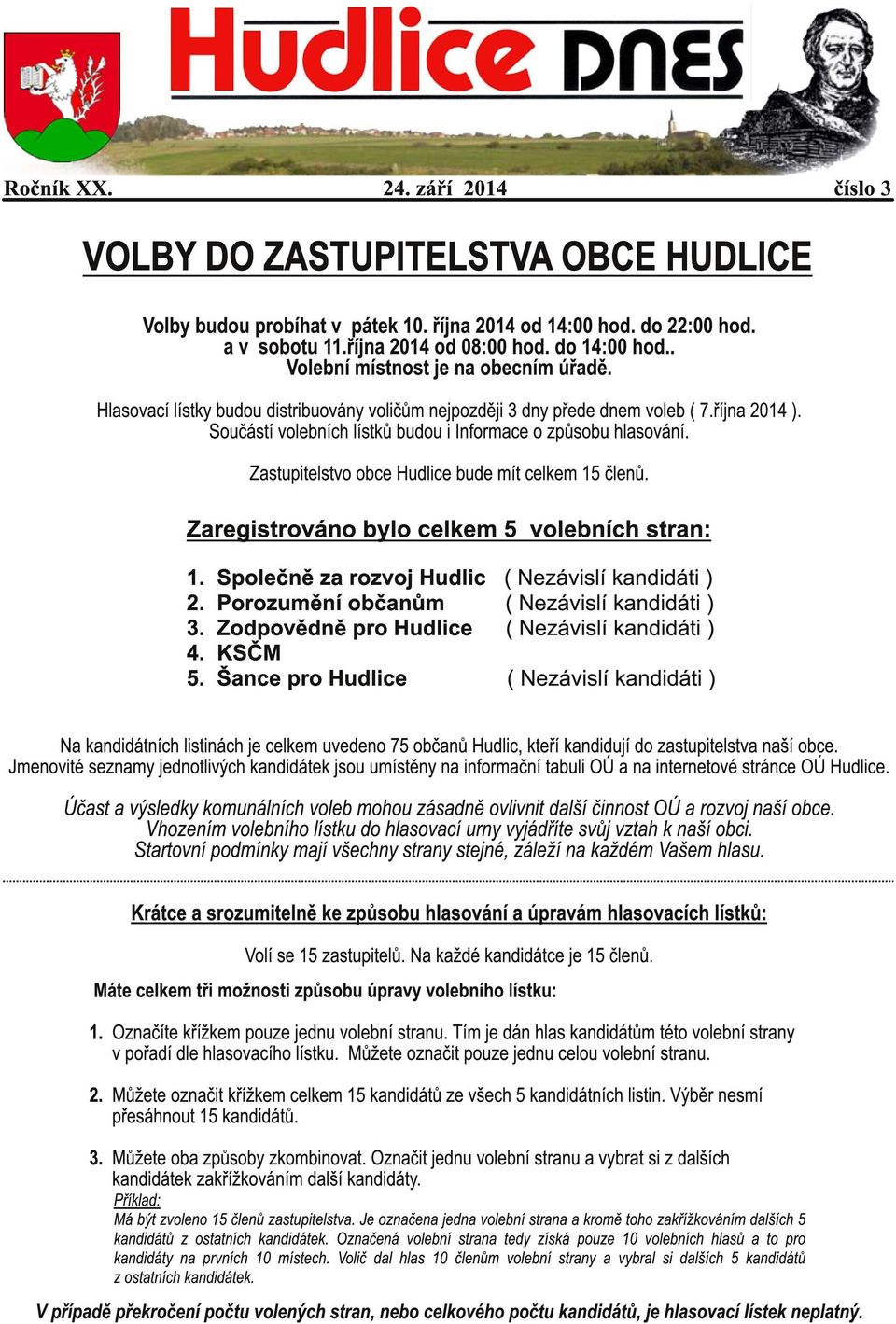 Součástí volebních lístků budou i Informace o způsobu hlasování. Zastupitelstvo obce Hudlice bude mít celkem 1 5 členů. Zaregistrováno bylo celkem 5 volebních stran: 1.