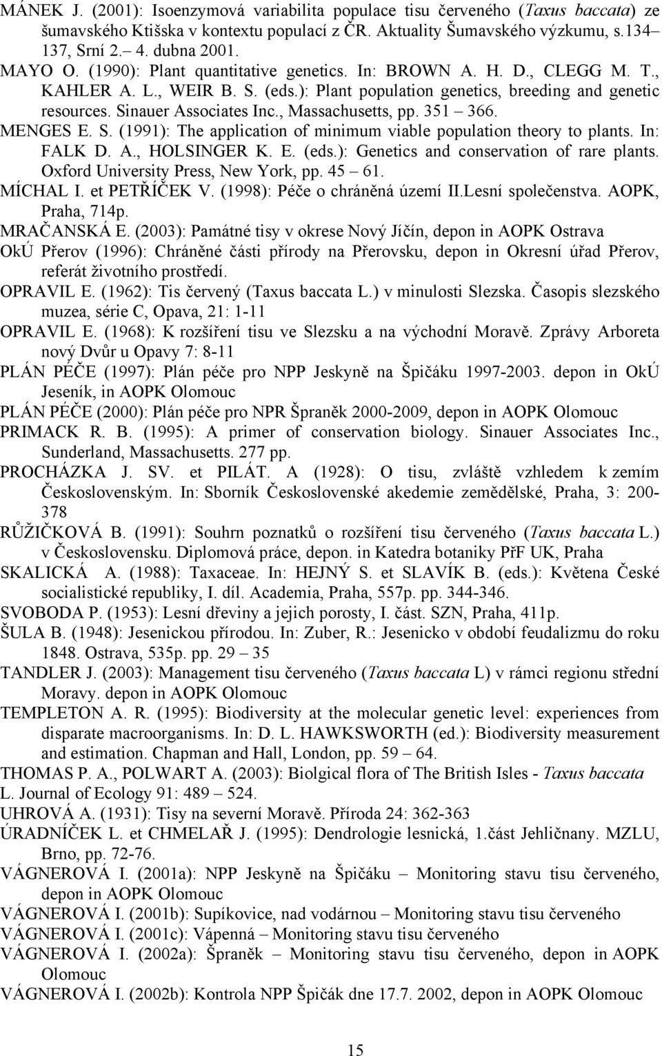 , Massachusetts, pp. 351 366. MENGES E. S. (1991): The application of minimum viable population theory to plants. In: FALK D. A., HOLSINGER K. E. (eds.): Genetics and conservation of rare plants.