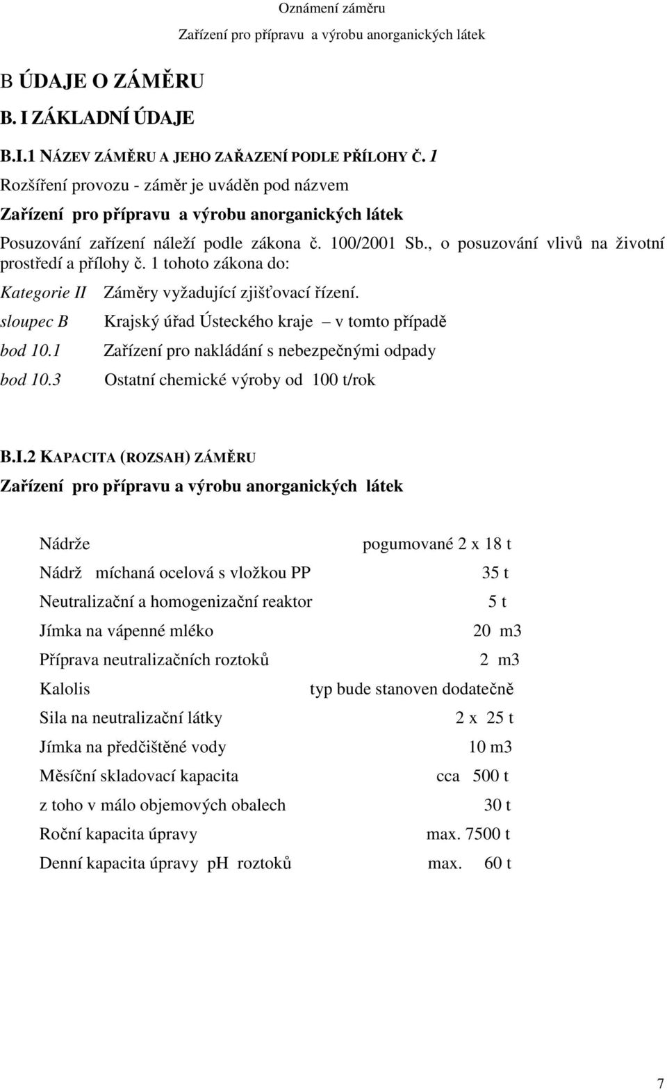 Krajský úřad Ústeckého kraje v tomto případě Zařízení pro nakládání s nebezpečnými odpady Ostatní chemické výroby od 100 t/rok B.I.