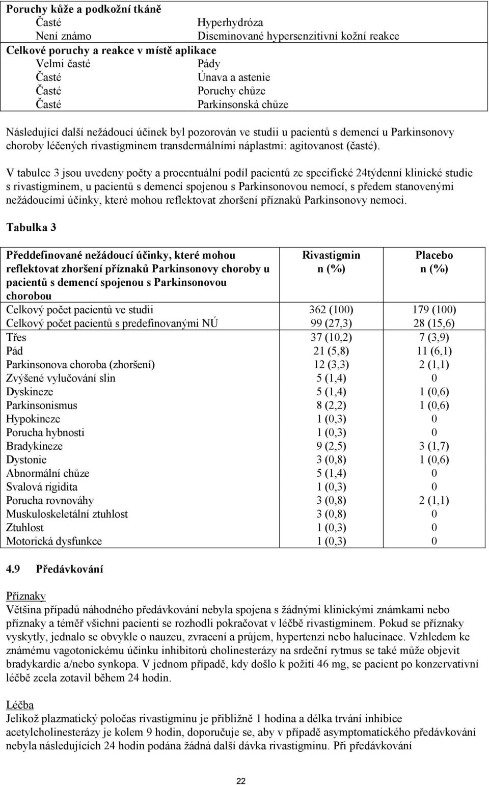 V tabulce 3 jsou uvedeny počty a procentuální podíl pacientů ze specifické 24týdenní klinické studie s rivastigminem, u pacientů s demencí spojenou s Parkinsonovou nemocí, s předem stanovenými