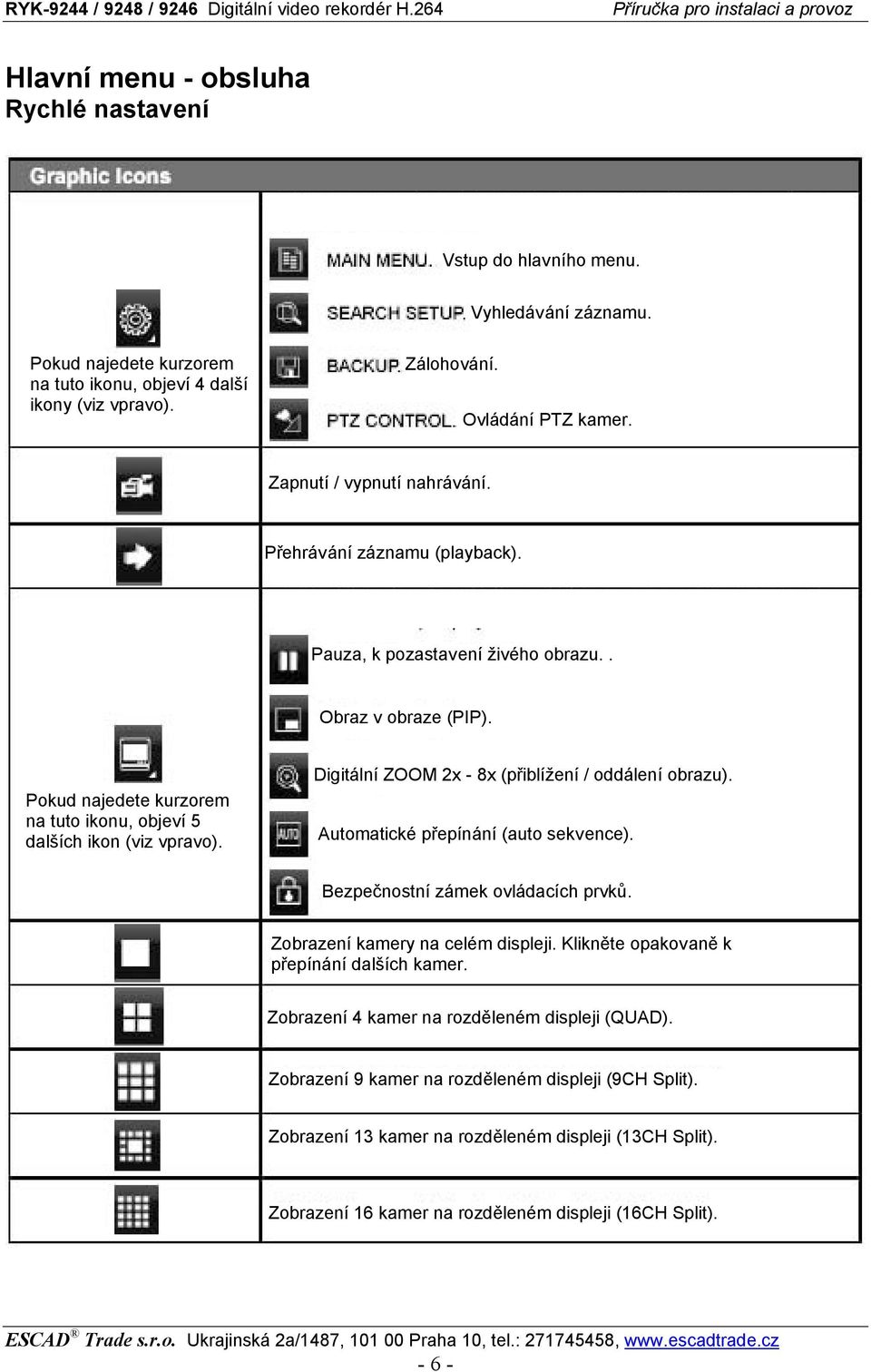 Pokud najedete kurzorem na tuto ikonu, objeví 5 dalších ikon (viz vpravo). Automatické přepínání (auto sekvence). Bezpečnostní zámek ovládacích prvků. Zobrazení kamery na celém displeji.