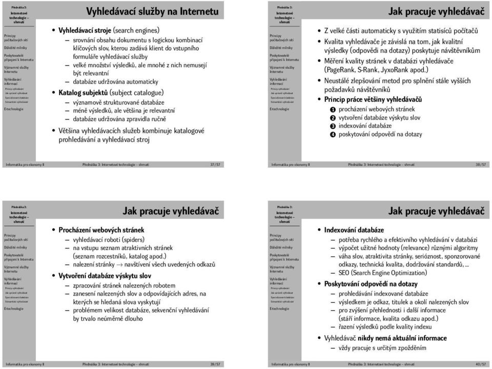 relevantní databáze udržována zpravidla ručně Většina vyhledávacích služeb kombinuje katalogové prohledávání a vyhledávací stroj připojení k Jak pracuje vyhledávač Z velké části automaticky s