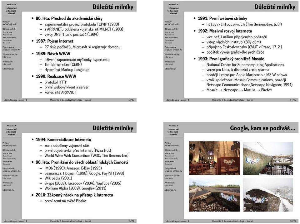 protokolu TCP/IP (1980) z ARPANETu oddělena vojenská síť MILNET (1983) vývoj DNS, 1 tisíc počítačů (1984) 1987: Pojem Internet 27 tisíc počítačů, Microsoft si registruje doménu 1989: Návrh oživení