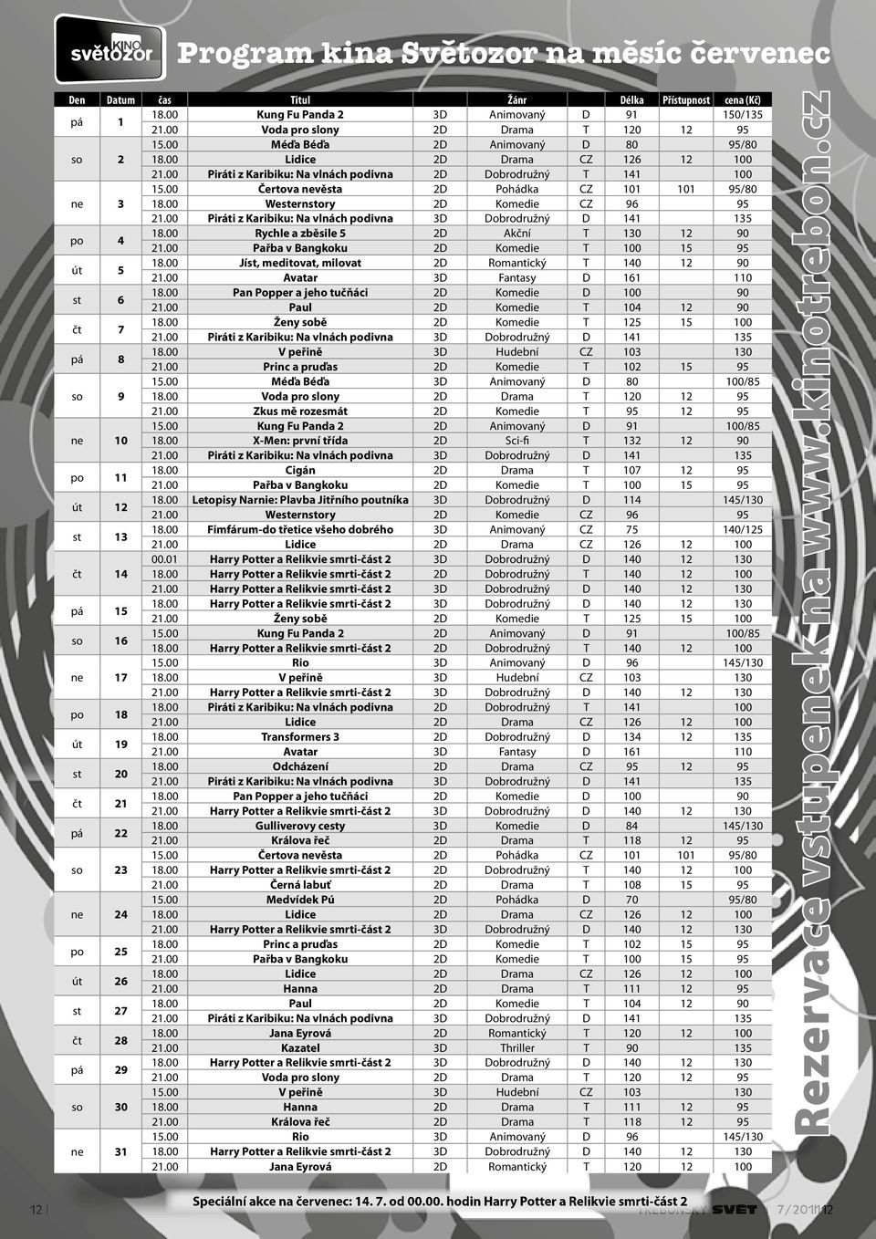 00 Čertova nevěsta 2D Pohádka CZ 101 101 95/80 ne 3 18.00 Westernstory 2D Komedie CZ 96 95 21.00 Piráti z karibiku: na vlnách podivna 3D Dobrodružný D 141 135 po 4 18.