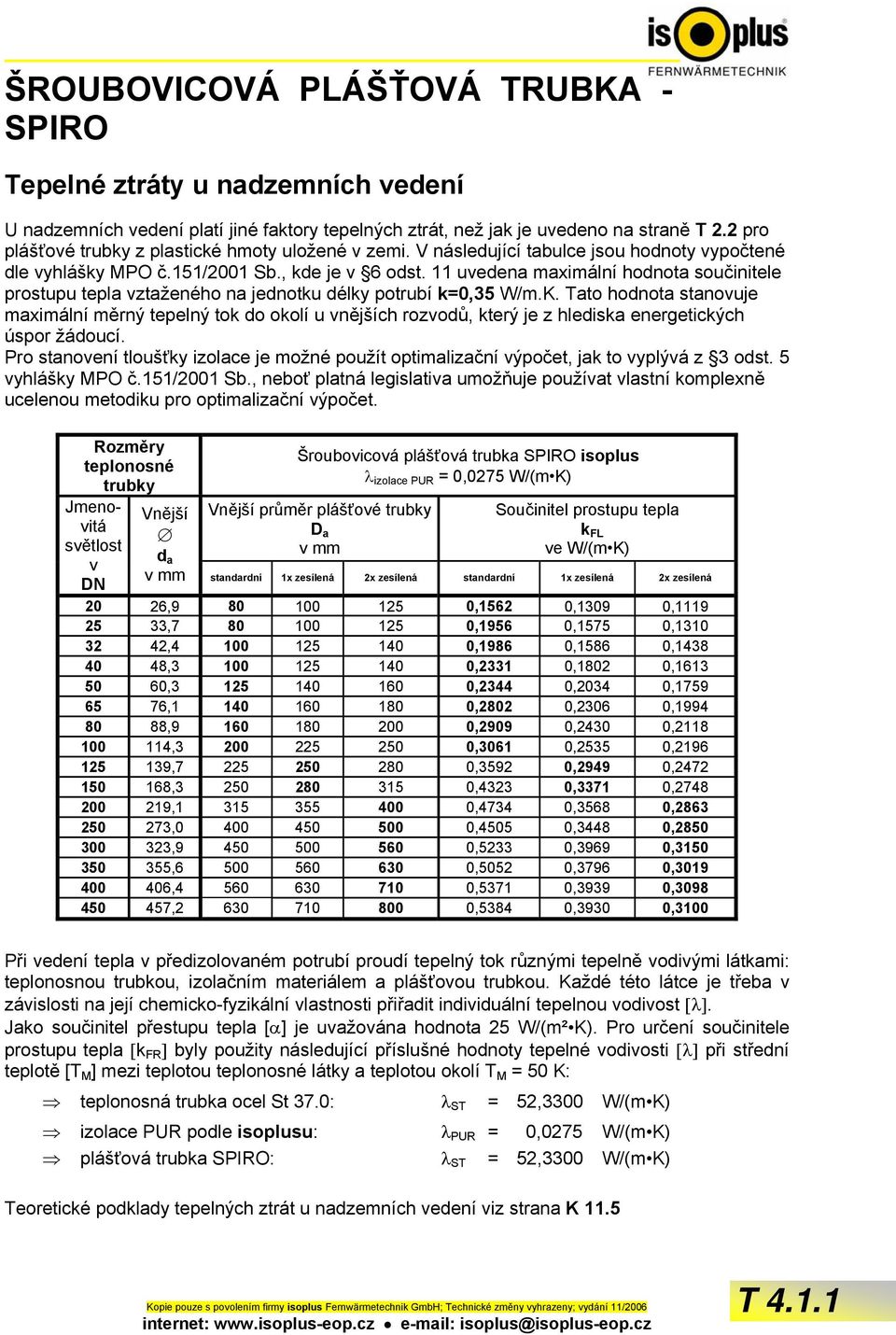 11 uvedena maximální hodnota součinitele prostupu tepla vztaženého na jednotku délky potrubí k=0,35 W/m.K.