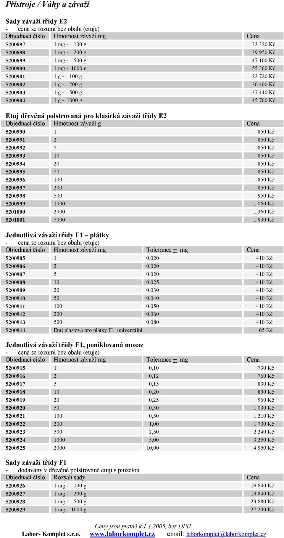 Objednací číslo Hmotnost závaží g Cena 5200990 1 850 Kč 5200991 2 850 Kč 5200992 5 850 Kč 5200993 10 850 Kč 5200994 20 850 Kč 5200995 50 850 Kč 5200996 100 850 Kč 5200997 200 850 Kč 5200998 500 950