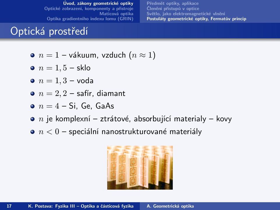 n=2,2 safír,diamant n=4 Si,Ge,GaAs n je komplexní ztrátové, absorbující materialy kovy n < 0