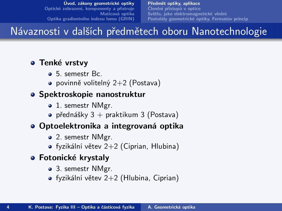 semestr NMgr. přednášky 3 + praktikum 3(Postava) Optoelektronika a integrovaná optika 2. semestr NMgr.