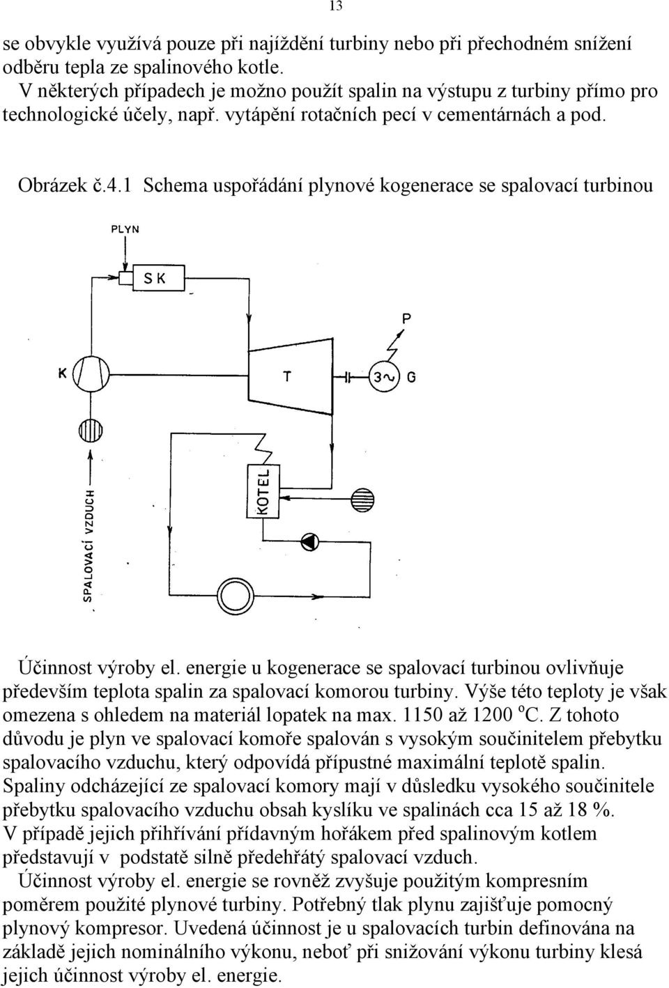 1 Schema uspořádání plynové kogenerace se spalovací turbinou Účinnost výroby el. energie u kogenerace se spalovací turbinou ovlivňuje především teplota spalin za spalovací komorou turbiny.