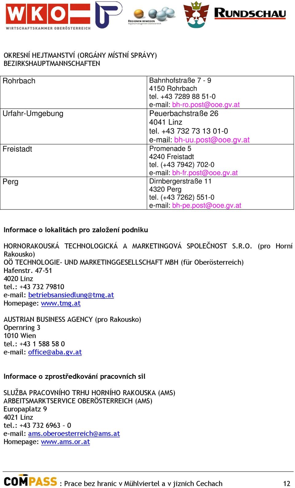 (+43 7262) 551-0 e-mail: bh-pe.post@ooe.gv.at Informace o lokalitách pro založení podniku HORNORAKOUSKÁ TECHNOLOGICKÁ A MARKETINGOVÁ SPOLEČNOST S.R.O. (pro Horní Rakousko) OÖ TECHNOLOGIE- UND MARKETINGGESELLSCHAFT MBH (für Oberösterreich) Hafenstr.