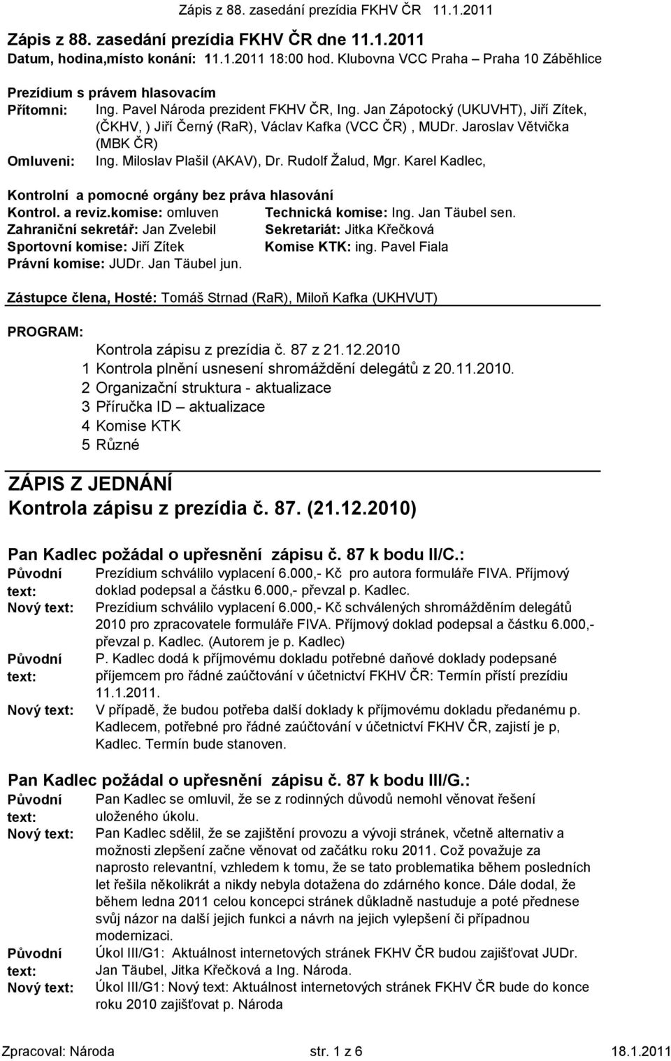 Rudolf Žalud, Mgr. Karel Kadlec, Kontrolní a pomocné orgány bez práva hlasování Kontrol. a reviz.komise: omluven Technická komise: Ing. Jan Täubel sen.