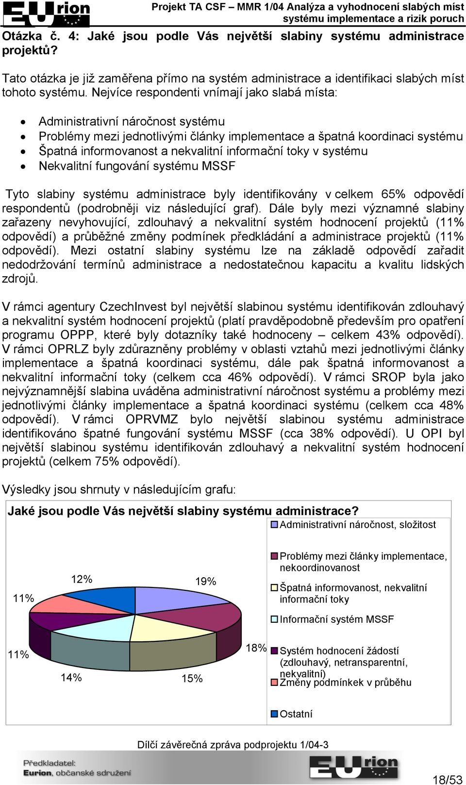 toky v systému Nekvalitní fungování systému MSSF Tyto slabiny systému administrace byly identifikovány v celkem 65% odpovědí respondentů (podrobněji viz následující graf).