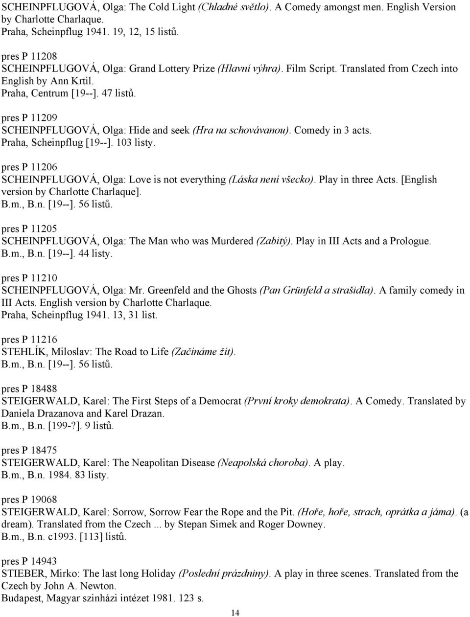 pres P 11209 SCHEINPFLUGOVÁ, Olga: Hide and seek (Hra na schovávanou). Comedy in 3 acts. Praha, Scheinpflug [19--]. 103 listy.
