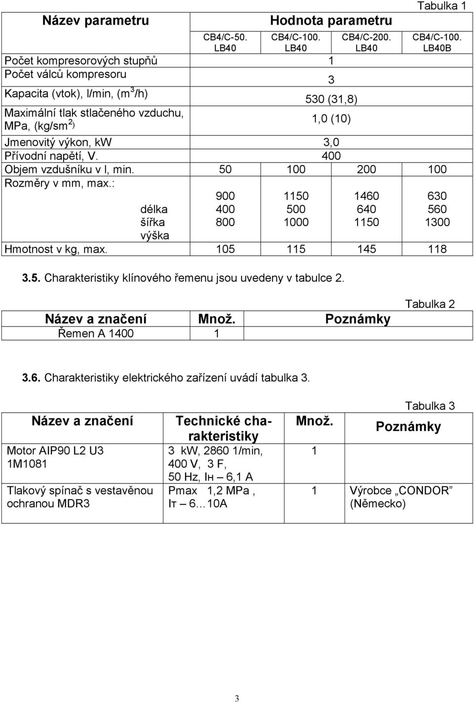 LB40В Jmenovitý výkon, kw 3,0 Přívodní napětí, V. 400 Objem vzdušníku v l, min. 50 100 200 100 Rozměry v mm, max.