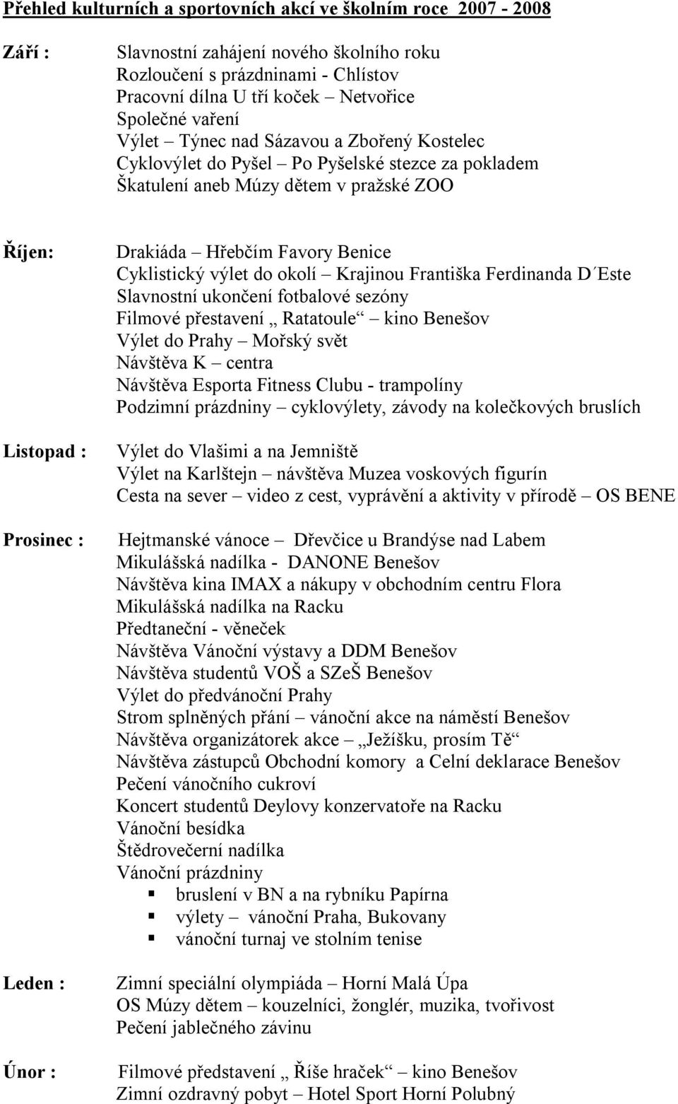 Hřebčím Favory Benice Cyklistický výlet do okolí Krajinou Františka Ferdinanda D Este Slavnostní ukončení fotbalové sezóny Filmové přestavení Ratatoule kino Benešov Výlet do Prahy Mořský svět
