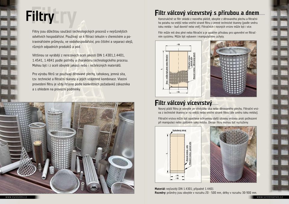 Filtr válcový vícevrstvý s přírubou a dnem Konstrukčně se filtr skládá z nosného pláště, obvykle z děrovaného plechu a filtračního potahu na vnější nebo vnitřní straně filtru z jemné technické