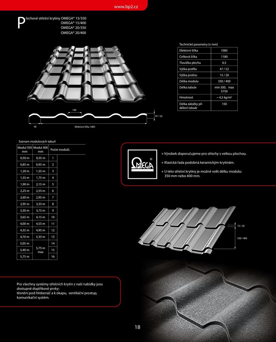 400 mm 0,50 m 0,55 m 1 0,85 m 0,95 m 2 1,20 m 1,35 m 3 1,55 m 1,75 m 4 Počet modulů + Výrobek doporučujeme pro střechy s velkou plochou. + Klasická řada podobná keramickým krytinám.