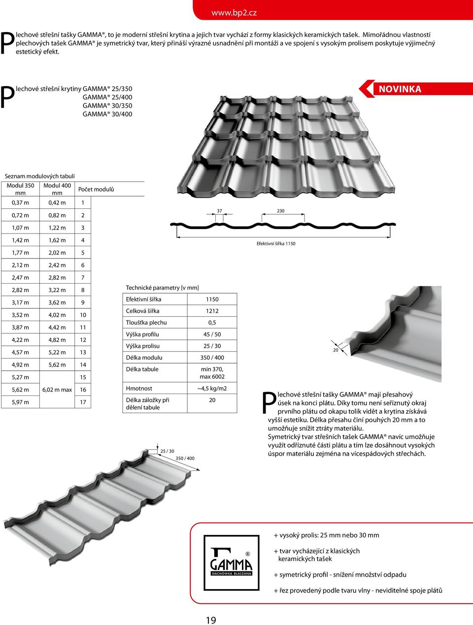 Plechové střešní krytiny GAMMA 25/350 GAMMA 25/400 GAMMA 30/350 GAMMA 30/400 Novinka Seznam modulových tabulí Modul 350 mm Modul 400 mm 0,37 m 0,42 m 1 0,72 m 0,82 m 2 Počet modulů 37 230 1,07 m 1,22