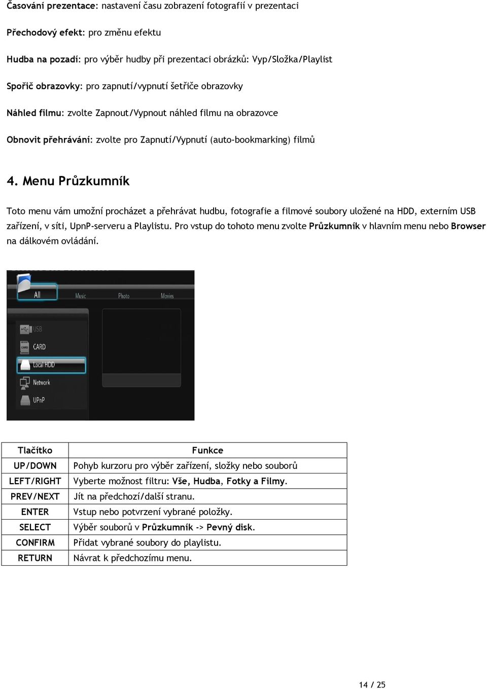 Menu Průzkumník Toto menu vám umožní procházet a přehrávat hudbu, fotografie a filmové soubory uložené na HDD, externím USB zařízení, v síti, UpnPserveru a Playlistu.