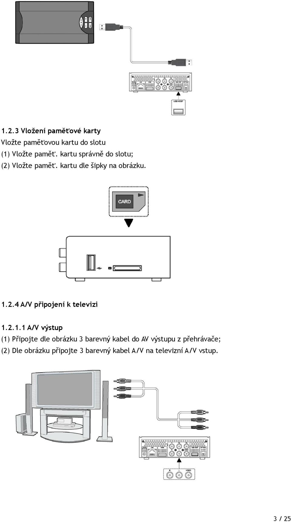 2.1.1 A/V výstup (1) Připojte dle obrázku 3 barevný kabel do AV výstupu z přehrávače;