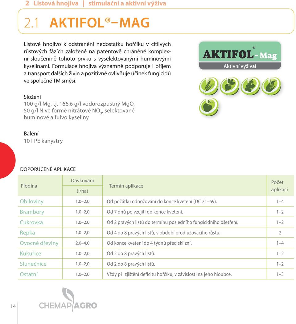 Formulace hnojiva významně podporuje i příjem a transport dalších živin a pozitivně ovlivňuje účinek fungicidů ve společné TM směsi. Aktivní výživa! Složení 100 g/l Mg, tj.
