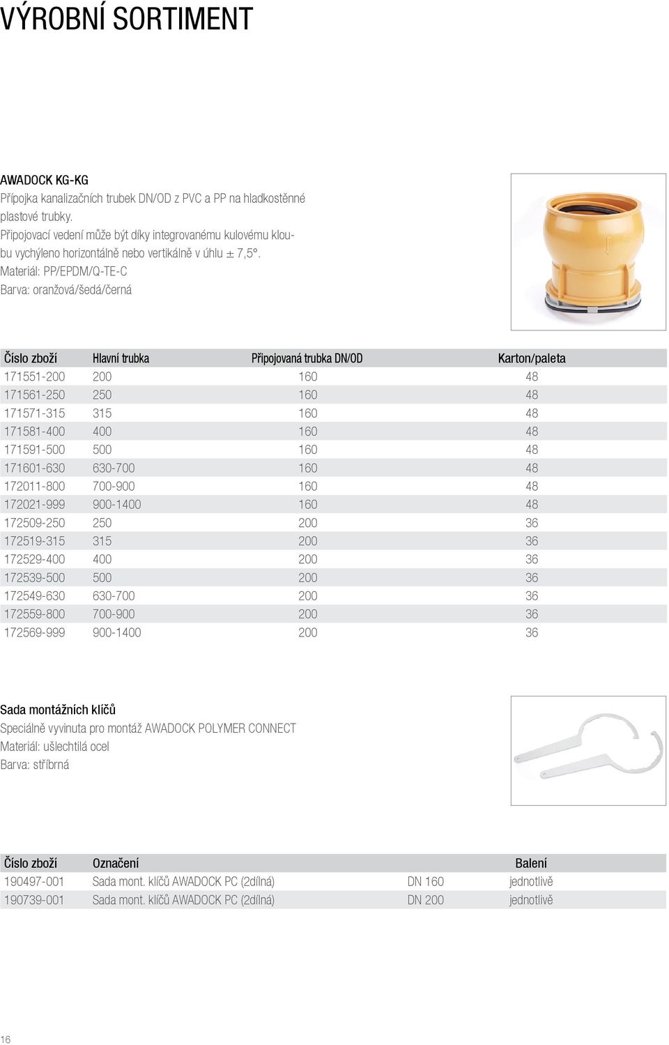 Materiál: PP/EPDM/Q-TE-C Barva: oranžová/šedá/černá Číslo zboží Hlavní trubka Připojovaná trubka DN/OD Karton/paleta 171551-200 200 160 48 171561-250 250 160 48 171571-315 315 160 48 171581-400 400