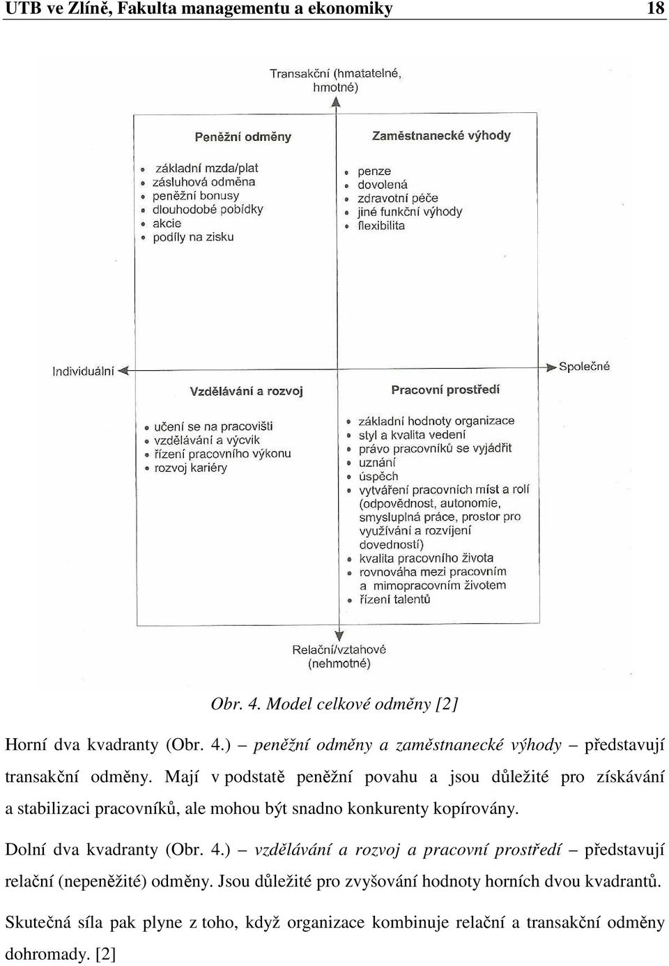 Dolní dva kvadranty (Obr. 4.) vzdělávání a rozvoj a pracovní prostředí představují relační (nepeněžité) odměny.