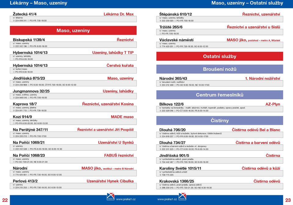 30-19.30, SO 8.00-12.00 MASO jiko, podchod metro A, Mùstek Hybernská 1014/13 E uzeniny, lahùdky PO-PÁ 6.00-18.00 Uzeniny, lahùdky T TIP Ostatní služby Hybernská 1014/13 E kuøecí maso PO-PÁ 9.30-18.