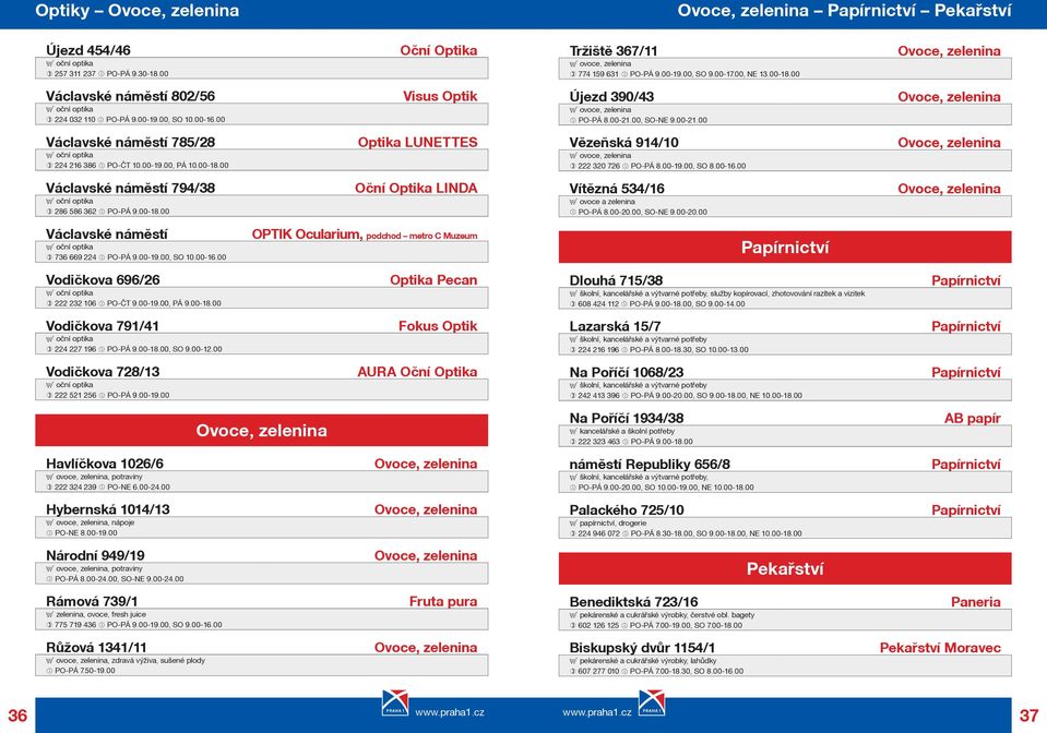 00, SO-NE 9.00-21.00 Ovoce, zelenina Václavské námìstí 785/28 224 216 386 PO-ÈT 10.00-19.00, PÁ 10.00-18.00 Optika LUNETTES Vìzeòská 914/10 E ovoce, zelenina 222 320 726 PO-PÁ 8.00-19.00, SO 8.00-16.