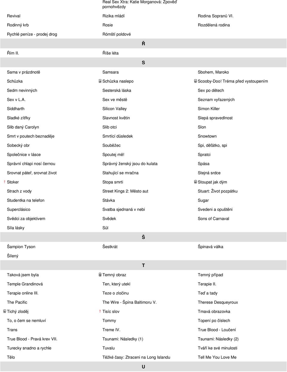 Sex ve městě Seznam vyřazených Siddharth Silicon Valley Simon Killer Sladké zítřky Slavnost květin Slepá spravedlnost Slib daný Carolyn Slib otci Slon Smrt v poutech beznaděje Smrtící důsledek