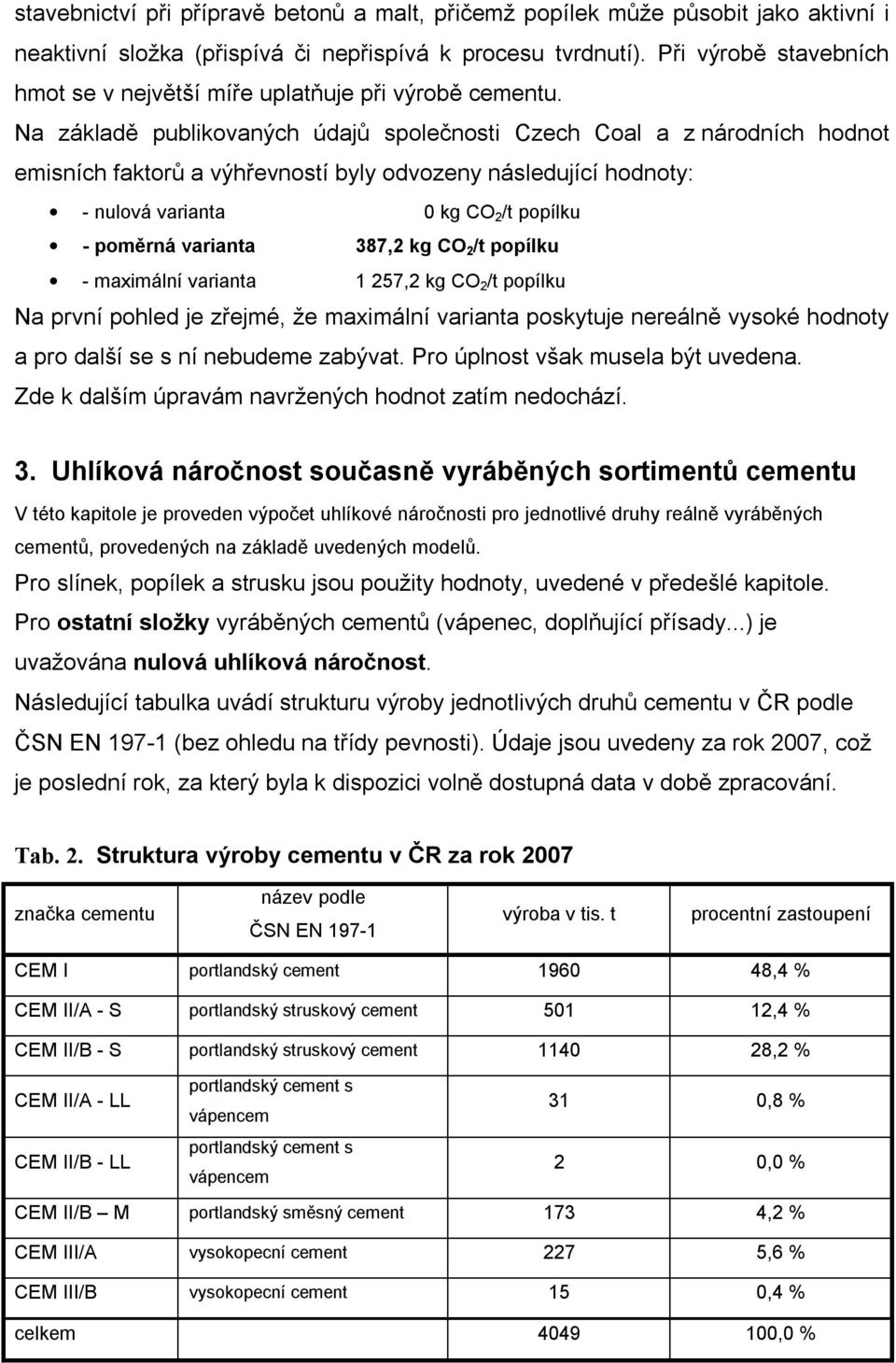 Na základě publikovaných údajů společnosti Czech Coal a z národních hodnot emisních faktorů a výhřevností byly odvozeny následující hodnoty: - nulová varianta 0 kg CO 2 /t popílku - poměrná varianta