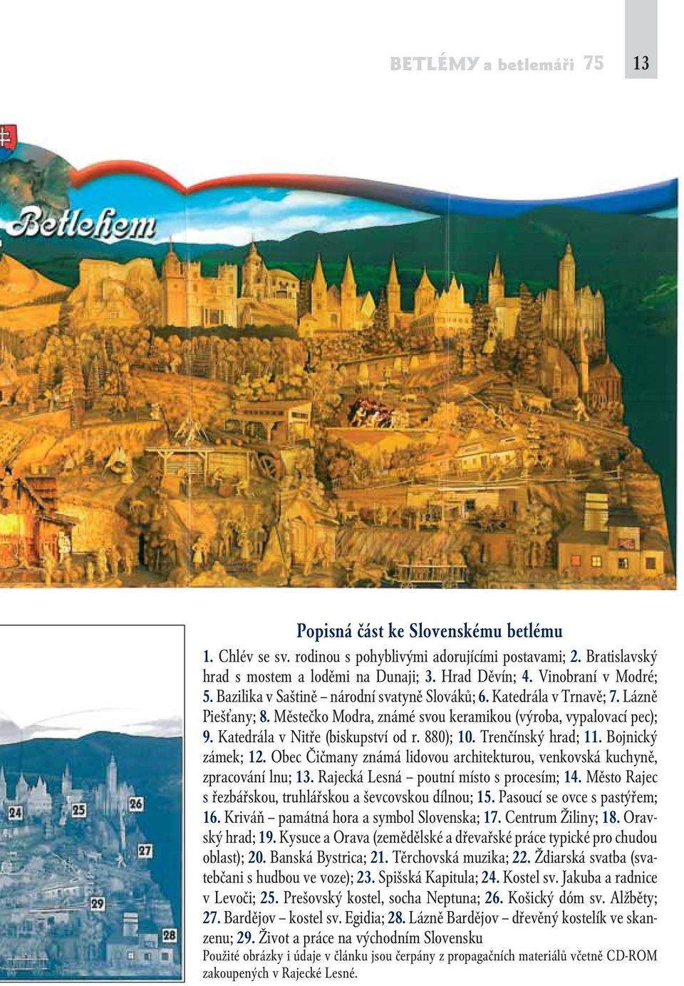 Trenčínský hrad; 11. Bojnický zámek; 12. Obec Čičmany známá lidovou architekturou, venkovská kuchyně, zpracování lnu; 13. Rajecká Lesná poutní místo s procesím; 14.