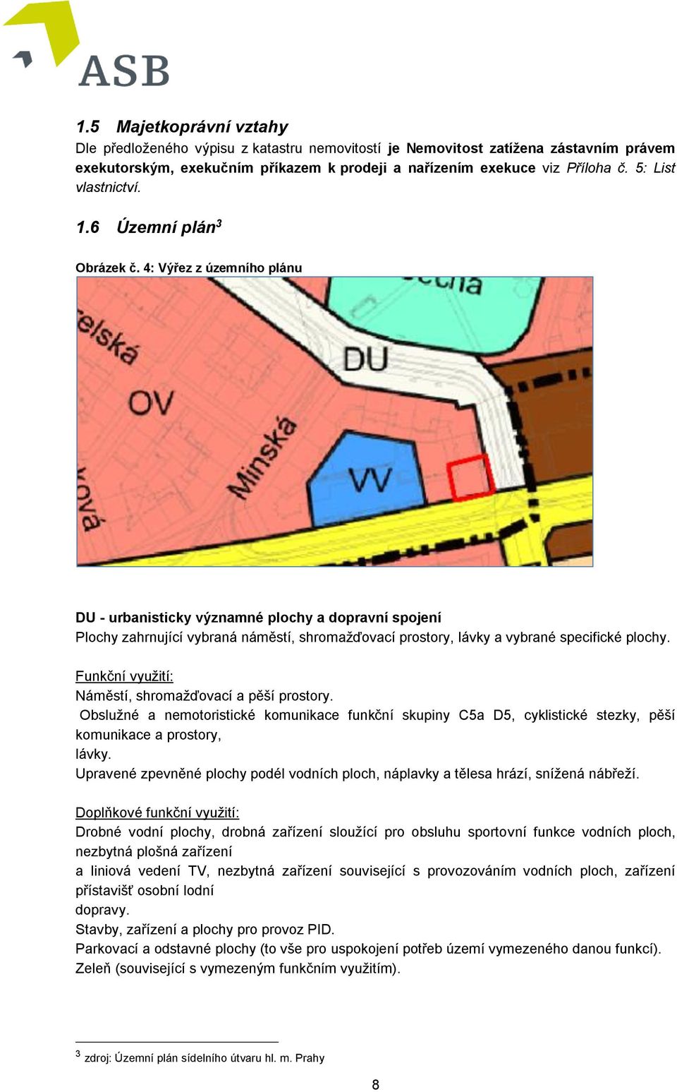 4: Výřez z územního plánu DU - urbanisticky významné plochy a dopravní spojení Plochy zahrnující vybraná náměstí, shromažďovací prostory, lávky a vybrané specifické plochy.