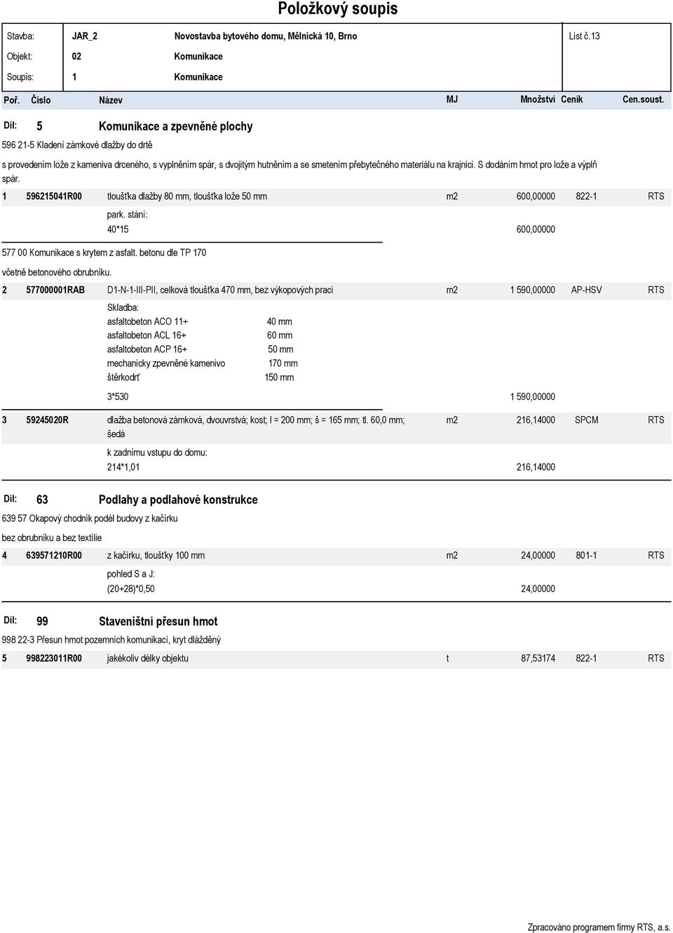 S dodáním hmot pro lože a výplň spár. 1 596215041R00 tloušťka dlažby 80 mm, tloušťka lože 50 mm m2 600,00000 822-1 RTS park. stání: 40*15 600,00000 577 00 Komunikace s krytem z asfalt.