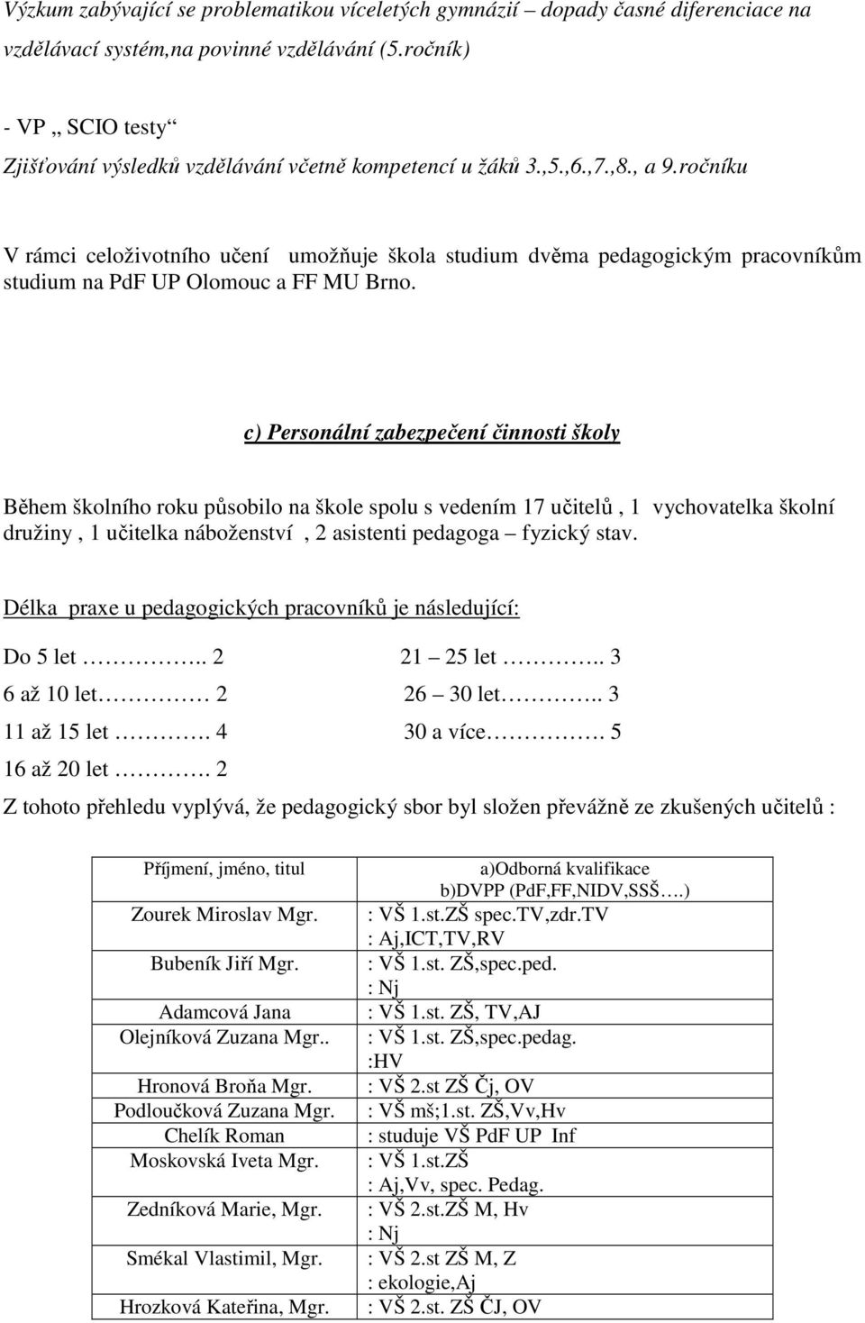 ročníku V rámci celoživotního učení umožňuje škola studium dvěma pedagogickým pracovníkům studium na PdF UP Olomouc a FF MU Brno.