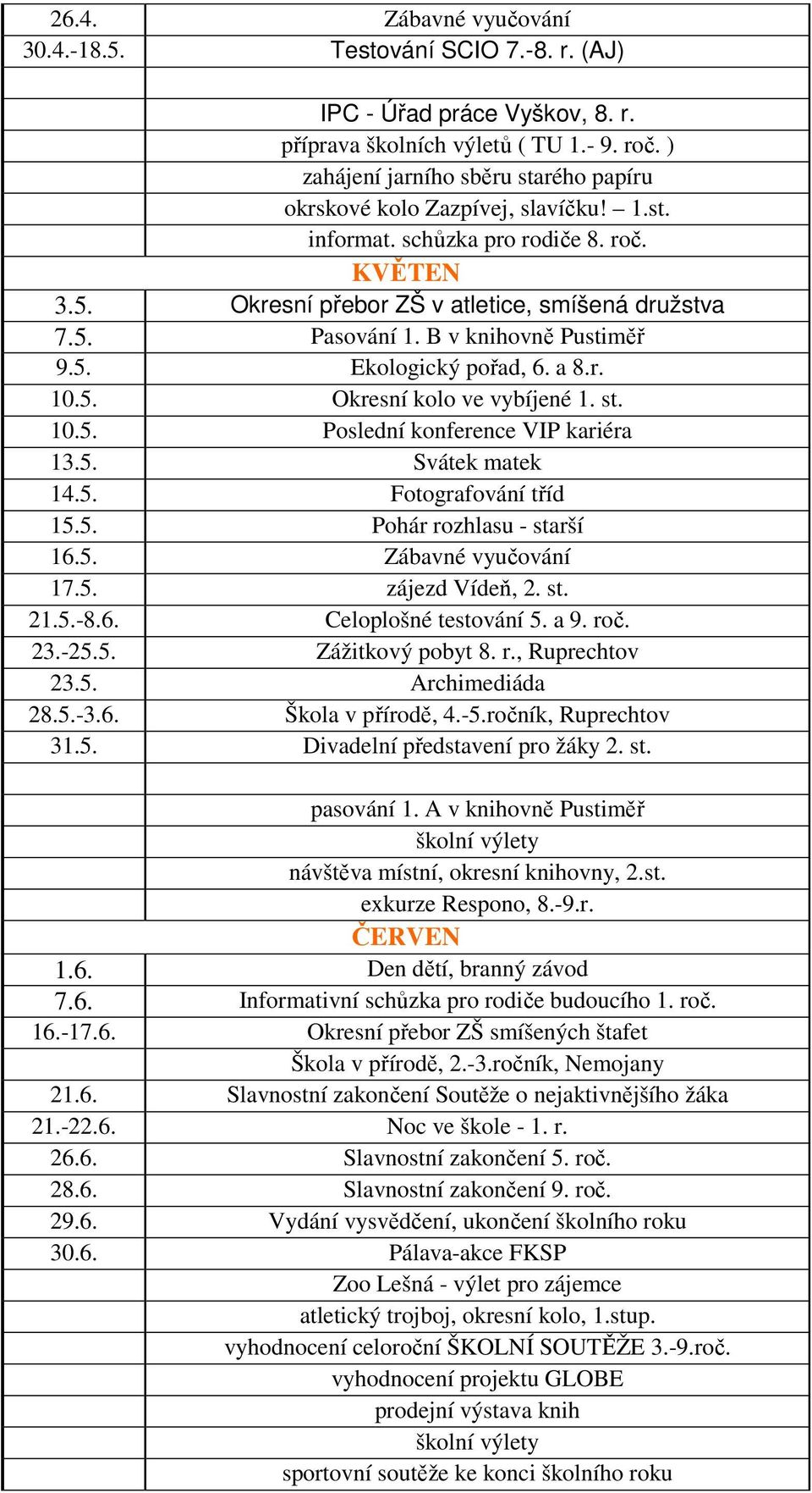 B v knihovně Pustiměř 9.5. Ekologický pořad, 6. a 8.r. 10.5. Okresní kolo ve vybíjené 1. st. 10.5. Poslední konference VIP kariéra 13.5. Svátek matek 14.5. Fotografování tříd 15.5. Pohár rozhlasu - starší 16.